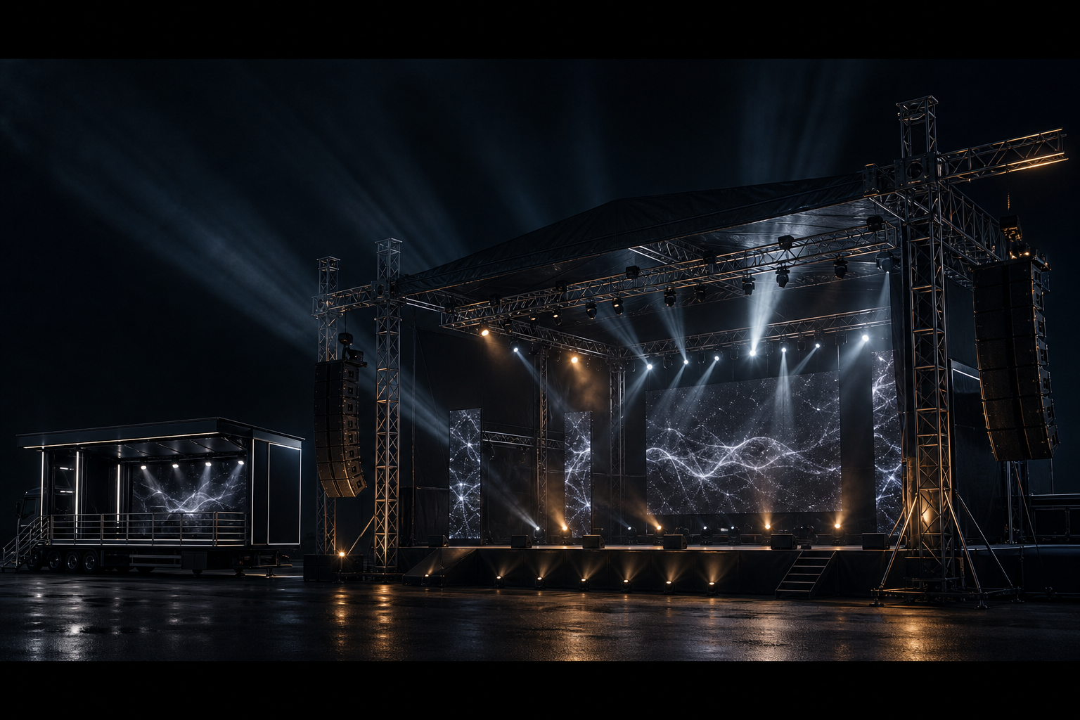 Schematická ilustrace stage techniky — truss, LED wall, PA a světla